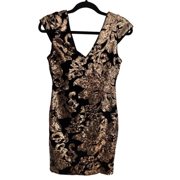 NWT Guess Los Angeles 2 Black Velvet & Gold Sequin Floral Bodycon Dress - Picture 1 of 13
